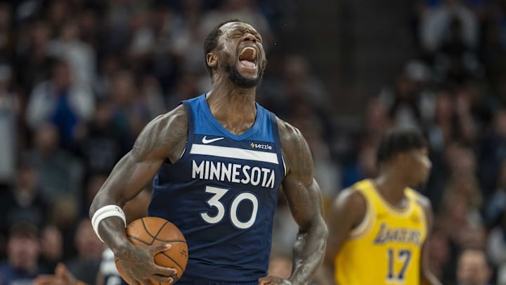 Apr 25, 2025; Minneapolis, Minnesota, USA; Minnesota Timberwolves forward Julius Randle (30) reacts in celebration after a foul is called against the Los Angeles Lakers in the first half during game three of first round for the 2024 NBA Playoffs at Target Center. Mandatory Credit: Jesse Johnson-Imagn Images