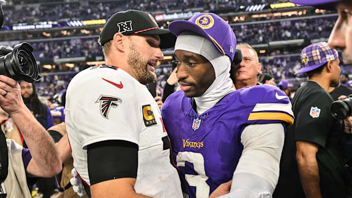 Dec 8, 2024; Minneapolis, Minnesota, USA; Atlanta Falcons quarterback Kirk Cousins (18) and Minnesota Vikings wide receiver Jordan Addison (3) talk after the game at U.S. Bank Stadium. Mandatory Credit: Jeffrey Becker-Imagn Images