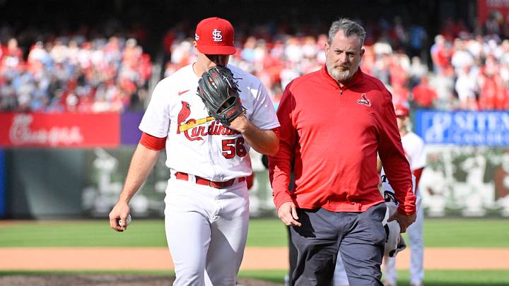 Oct 7, 2022; St. Louis, Missouri, USA; St. Louis Cardinals relief pitcher Ryan Helsley (56) is removed from the game during the ninth inning against the Philadelphia Phillies in game one of the Wild Card series for the 2022 MLB Playoffs at Busch Stadium. Mandatory Credit: Jeff Curry-USA TODAY Sports Oct 7, 2022; St. Louis, Missouri, USA; St. Louis Cardinals relief pitcher Ryan Helsley (56) is removed from the game during the ninth inning against the Philadelphia Phillies in game one of the Wild Card series for the 2022 MLB Playoffs at Busch Stadium. Mandatory Credit: Jeff Curry-USA TODAY Sports