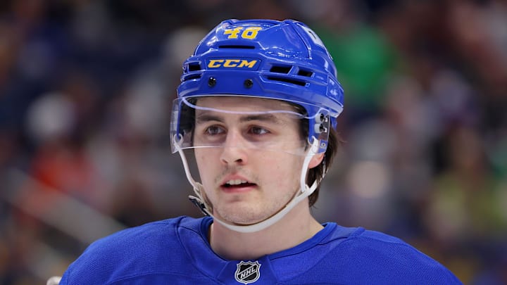 Mar 15, 2025; Buffalo, New York, USA;  Buffalo Sabres center Tyson Kozak (48) waits for the face-off during the third period against the Vegas Golden Knights at KeyBank Center. Mandatory Credit: Timothy T. Ludwig-Imagn Images