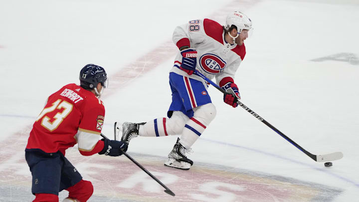 Mar 16, 2023; Sunrise, Florida, USA; Montreal Canadiens left wing Mike Hoffman (68) brings the puck
