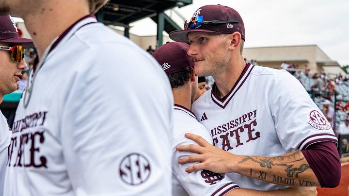 Mississippi State outfielder Vytas Valincius (14) shakes hands with teammates before a college baseball game between Mississippi State and Ole Miss at Trustmark Park in Pearl, Miss., on Tuesday, April 28, 2026. Mississippi State defeated Ole Miss in the Governor’s Cup 7-3. Mississippi State outfielder Vytas Valincius (14) shakes hands with teammates before a college baseball game between Mississippi State and Ole Miss at Trustmark Park in Pearl, Miss., on Tuesday, April 28, 2026. Mississippi State defeated Ole Miss in the Governor’s Cup 7-3.