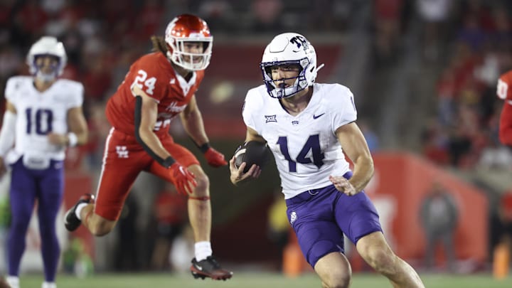Nov 22, 2025; Houston, Texas, USA; TCU Horned Frogs wide receiver Joseph Manjack IV (14) runs with the ball after a reception during the fourth quarter against the Houston Cougars at TDECU Stadium. Mandatory Credit: Troy Taormina-Imagn Images