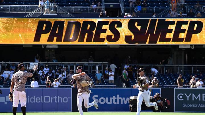 Aug 23, 2026; San Diego, California, USA; San Diego Padres shortstop Xander Bogaerts (2), center fielder Jackson Merrill (3) and left fielder Jase Bowen (4) celebrate after the Padres beat the Minnesota Twins at Petco Park. Mandatory Credit: Denis Poroy-Imagn Images Aug 23, 2026; San Diego, California, USA; San Diego Padres shortstop Xander Bogaerts (2), center fielder Jackson Merrill (3) and left fielder Jase Bowen (4) celebrate after the Padres beat the Minnesota Twins at Petco Park. Mandatory Credit: Denis Poroy-Imagn Images
