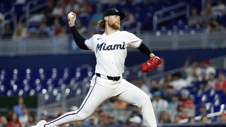 May 2, 2026; Miami, Florida, USA;  Miami Marlins starting pitcher Max Meyer (23) throws against the Philadelphia Phillies during the first inning at loanDepot Park. Mandatory Credit: Rhona Wise-Imagn Images