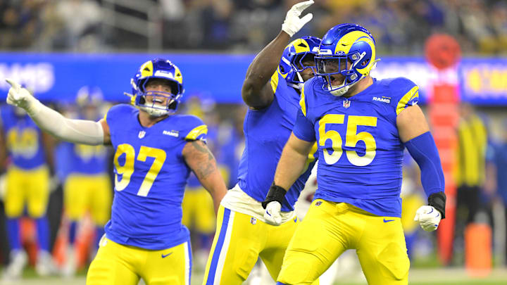 Dec 28, 2024; Inglewood, California, USA;   Los Angeles Rams defensive tackle Braden Fiske (55) celerates after a sack of Arizona Cardinals quarterback Kyler Murray (1) in the first half at SoFi Stadium. Mandatory Credit: Jayne Kamin-Oncea-Imagn Images