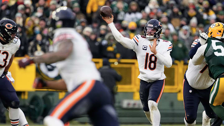 Jan 5, 2025; Green Bay, Wisconsin, USA;  Chicago Bears quarterback Caleb Williams (18) during the game against the Green Bay Packers at Lambeau Field.