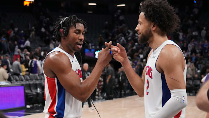Dec 26, 2024; Sacramento, California, USA; Detroit Pistons guard Jaden Ivey (23) and guard Cade Cunningham (2) celebrate after the win against the Sacramento Kings at Golden 1 Center. Mandatory Credit: Kelley L Cox-Imagn Images Dec 26, 2024; Sacramento, California, USA; Detroit Pistons guard Jaden Ivey (23) and guard Cade Cunningham (2) celebrate after the win against the Sacramento Kings at Golden 1 Center. Mandatory Credit: Kelley L Cox-Imagn Images