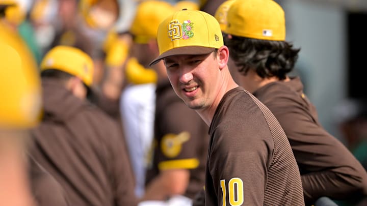 Feb 23, 2026; Peoria, Arizona, USA; San Diego Padres pitcher Walker Buehler (10) looks on from the dugout in the fifth inning against the Milwaukee Brewers at Peoria Sports Complex. Mandatory Credit: Jayne Kamin-Oncea-Imagn Images Feb 23, 2026; Peoria, Arizona, USA; San Diego Padres pitcher Walker Buehler (10) looks on from the dugout in the fifth inning against the Milwaukee Brewers at Peoria Sports Complex. Mandatory Credit: Jayne Kamin-Oncea-Imagn Images