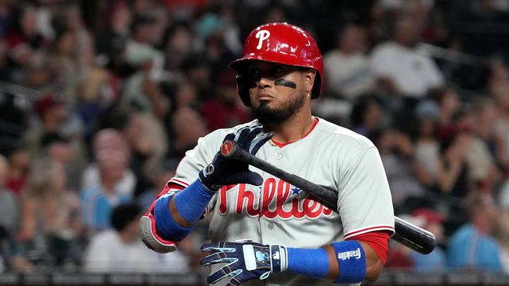 Sep 1, 2026; Phoenix, Arizona, USA; Philadelphia Phillies second baseman Luis Arraez (4) reacts after missing a pitch against the Arizona Diamondbacks in the first inning at Chase Field. Mandatory Credit: Rick Scuteri-Imagn Images Sep 1, 2026; Phoenix, Arizona, USA; Philadelphia Phillies second baseman Luis Arraez (4) reacts after missing a pitch against the Arizona Diamondbacks in the first inning at Chase Field. Mandatory Credit: Rick Scuteri-Imagn Images