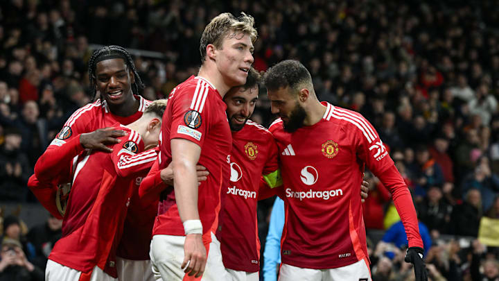 Rasmus Højlund (center) will lead the line for Manchester United against Lyon. Rasmus Højlund (center) will lead the line for Manchester United against Lyon.