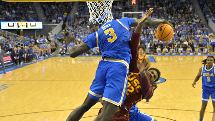 Feb 24, 2024; Los Angeles, California, USA;  UCLA Bruins forward Adem Bona (3) blocks a shot by USC