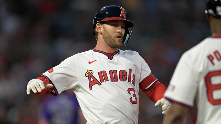 Jul 30, 2024; Anaheim, California, USA; Los Angeles Angels left fielder Taylor Ward (3) at first base after a two-RBI single in the fourth inning against the Colorado Rockies at Angel Stadium. Mandatory Credit: Jayne Kamin-Oncea-USA TODAY Sports