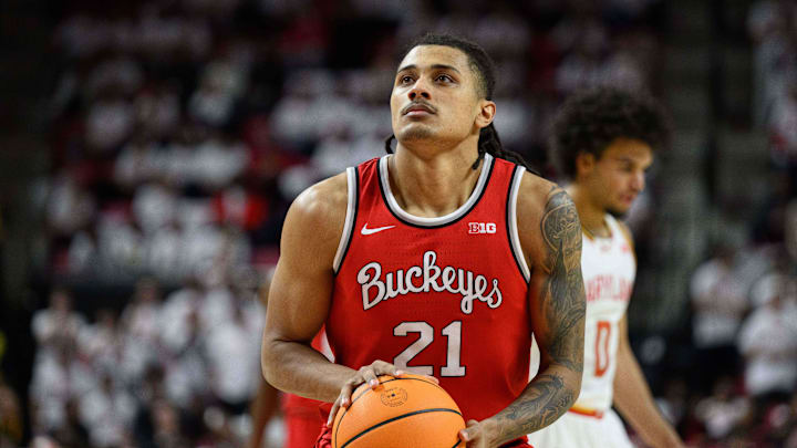 Dec 4, 2024; College Park, Maryland, USA; Ohio State Buckeyes forward Devin Royal (21) prepares to shoot a free throw during the first half against the Maryland Terrapins at Xfinity Center. Mandatory Credit: Reggie Hildred-Imagn Images Dec 4, 2024; College Park, Maryland, USA; Ohio State Buckeyes forward Devin Royal (21) prepares to shoot a free throw during the first half against the Maryland Terrapins at Xfinity Center. Mandatory Credit: Reggie Hildred-Imagn Images