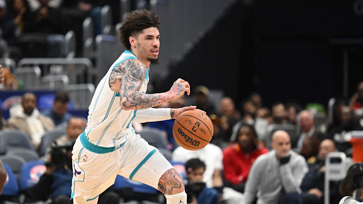 Oct 26, 2025; Washington, District of Columbia, USA; Charlotte Hornets guard LaMelo Ball (1) dribbles the ball against the Washington Wizards during the third quarter at Capital One Arena. Mandatory Credit: Rafael Suanes-Imagn Images Oct 26, 2025; Washington, District of Columbia, USA; Charlotte Hornets guard LaMelo Ball (1) dribbles the ball against the Washington Wizards during the third quarter at Capital One Arena. Mandatory Credit: Rafael Suanes-Imagn Images