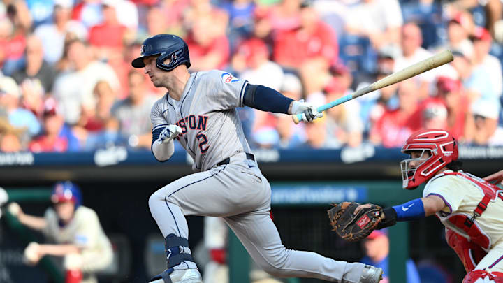 Houston Astros infielder Alex Bregman (2) hits a single against the Philadelphia Phillies in the third inning at Citizens Bank Park on Aug 28.