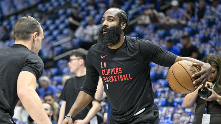 Apr 26, 2024; Dallas, Texas, USA; LA Clippers guard James Harden (1) warms up before the game between the Dallas Mavericks and the LA Clippers during game three of the first round for the 2024 NBA playoffs at the American Airlines Center. Mandatory Credit: Jerome Miron-USA TODAY Sports Apr 26, 2024; Dallas, Texas, USA; LA Clippers guard James Harden (1) warms up before the game between the Dallas Mavericks and the LA Clippers during game three of the first round for the 2024 NBA playoffs at the American Airlines Center. Mandatory Credit: Jerome Miron-USA TODAY Sports