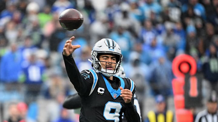 Dec 28, 2025; Charlotte, North Carolina, USA; Carolina Panthers quarterback Bryce Young (9) throws a pass against the Seattle Seahawks during the second quarter at Bank of America Stadium. Mandatory Credit: Bob Donnan-Imagn Images