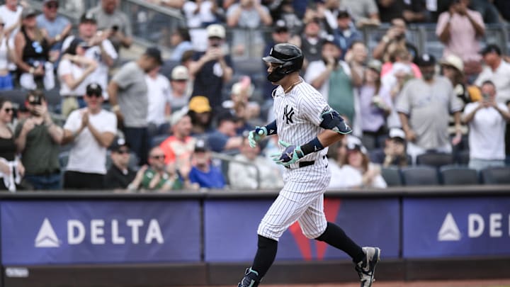 New York Yankees outfielder Aaron Judge (99) rounds the bases after hitting a solo home run against the Cleveland Guardians during the fourth inning at Yankee Stadium on Aug 22.