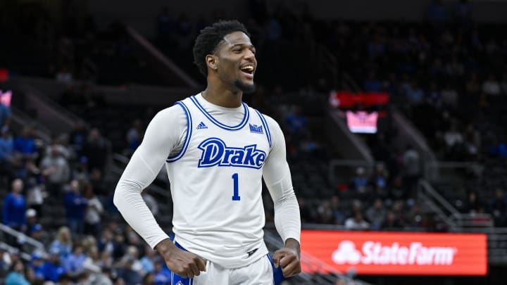 Mar 10, 2024; St. Louis, MO, USA;  Drake Bulldogs guard Kevin Overton (1) reacts after a call