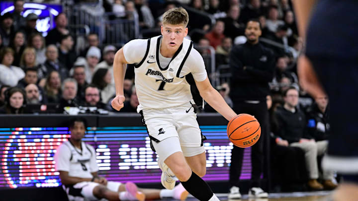 Jan 24, 2026; Providence, Rhode Island, USA; Providence Friars guard Stefan Vaaks (7) drives the ball to the basket during the first half against the Georgetown Hoyas at Amica Mutual Pavilion. Mandatory Credit: Eric Canha-Imagn Images