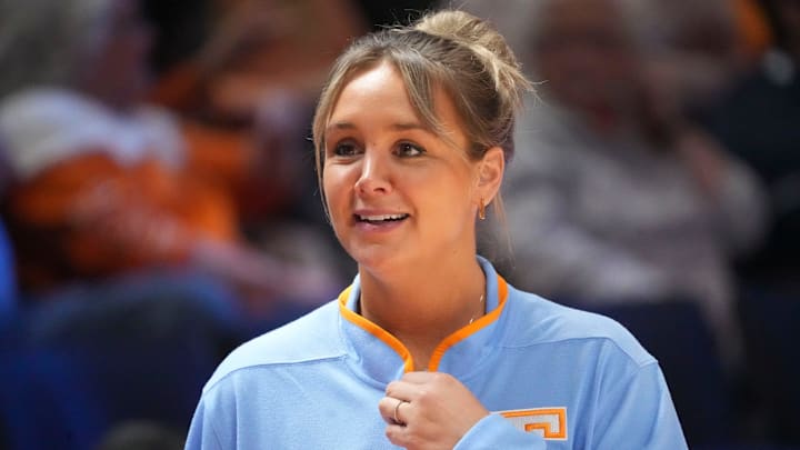 Tennessee basketball coach Kim Caldwell before the start of the NCAA college basketball game against North Carolina Central on Saturday, December 14, 2024, in Knoxville, Tenn.