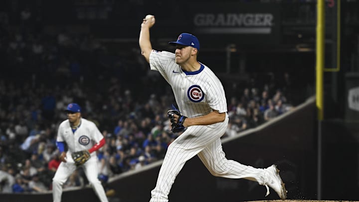 Jul 23, 2024; Chicago, Illinois, USA;  Chicago Cubs pitcher Jameson Taillon (50) delivers against the Milwaukee Brewers during the first inning at Wrigley Field. Mandatory Credit: Matt Marton-USA TODAY Sports