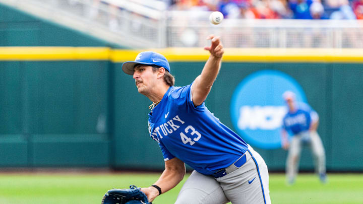 Jun 19, 2024; Omaha, NE, USA; Kentucky Wildcats pitcher Jackson Nove (43) pitches against the Florida Gators during the fifth inning at Charles Schwab Field Omaha. Mandatory Credit: Dylan Widger-Imagn Images