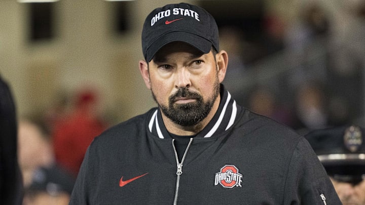 Oct 28, 2023; Madison, Wisconsin, USA;  Ohio State Buckeyes head coach Ryan Day prior to the game against the Wisconsin Badgers at Camp Randall Stadium. Mandatory Credit: Jeff Hanisch-Imagn Images