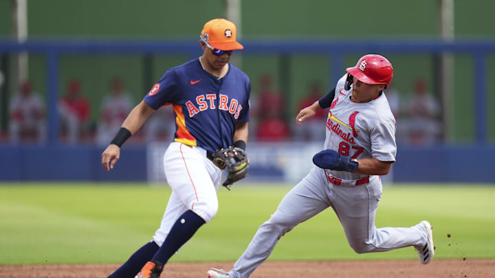 Mar 5, 2025; West Palm Beach, Florida, USA; St. Louis Cardinals left feilder JJ Wetherholt (87) rounds second base against the Houston Astros during the second inning at CACTI Park of the Palm Beaches. Mandatory Credit: Rich Storry-Imagn Images