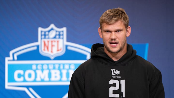 Feb 26, 2026; Indianapolis, IN, USA; Stanford tight end Sam Roush (TE21) speaks to members of the media during the NFL Combine at the Indiana Convention Center. Mandatory Credit: Jacob Musselman-Imagn Images