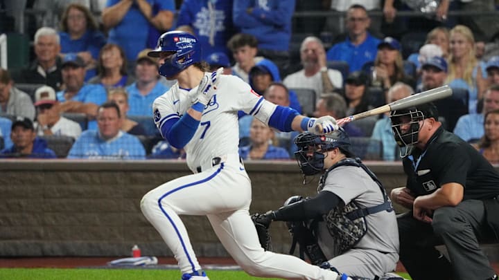 Kansas City Royals shortstop Bobby Witt Jr. (7) swings at a pitch during the eighth inning against the New York Yankees during game four of the ALDS for the 2024 MLB Playoffs at Kauffman Stadium on Oct 10.