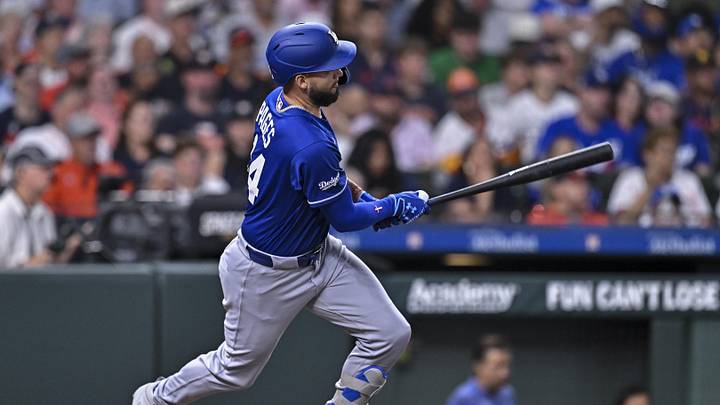 May 5, 2026; Houston, Texas, USA; Los Angeles Dodgers center fielder Andy Pages (44) hits a single in the second inning against the Houston Astros at Daikin Park. Mandatory Credit: Maria Lysaker-Imagn Images 