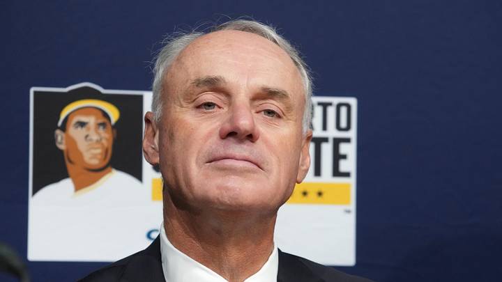 Oct 27, 2025; Los Angeles, California, USA; Major League Baseball commissioner Rob Manfred before game three of the 2025 MLB World Series between the Toronto Blue Jays and Los Angeles Dodgers at Dodger Stadium. Mandatory Credit: Kirby Lee-Imagn Images