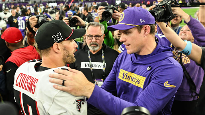 Dec 8, 2024; Minneapolis, Minnesota, USA; Atlanta Falcons quarterback Kirk Cousins (18) and Minnesota Vikings head coach Kevin O'Connell talk after the game at U.S. Bank Stadium. Mandatory Credit: Jeffrey Becker-Imagn Images Dec 8, 2024; Minneapolis, Minnesota, USA; Atlanta Falcons quarterback Kirk Cousins (18) and Minnesota Vikings head coach Kevin O'Connell talk after the game at U.S. Bank Stadium. Mandatory Credit: Jeffrey Becker-Imagn Images