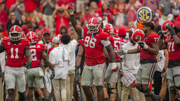 Sep 16, 2023; Athens, Georgia, USA; Georgia Bulldogs defensive lineman Zion Logue (96) reacts after Sep 16, 2023; Athens, Georgia, USA; Georgia Bulldogs defensive lineman Zion Logue (96) reacts after