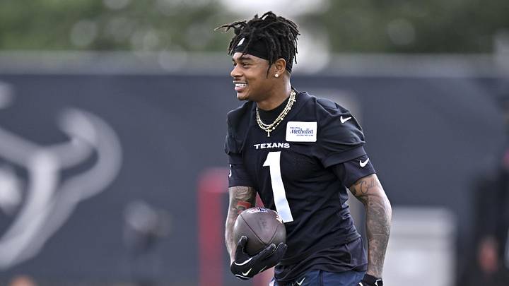Jun 10, 2026; Houston, Texas, USA; Houston Texans wide receiver Tank Dell (1) participates during the team’s minicamp at Houston Methodist Training Center. Mandatory Credit: Maria Lysaker-Imagn Images  