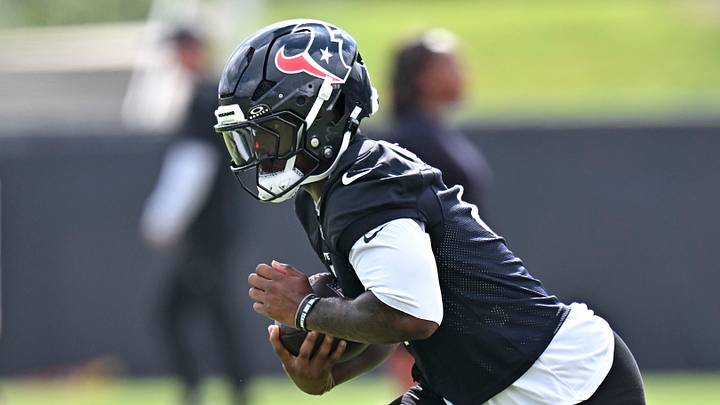 Jun 9, 2026; Houston, Texas, USA; Houston Texans running back Woody Marks (4) participates in a drill during the team’s minicamp at Houston Methodist Training Center. Mandatory Credit: Maria Lysaker-Imagn Images Jun 9, 2026; Houston, Texas, USA; Houston Texans running back Woody Marks (4) participates in a drill during the team’s minicamp at Houston Methodist Training Center. Mandatory Credit: Maria Lysaker-Imagn Images