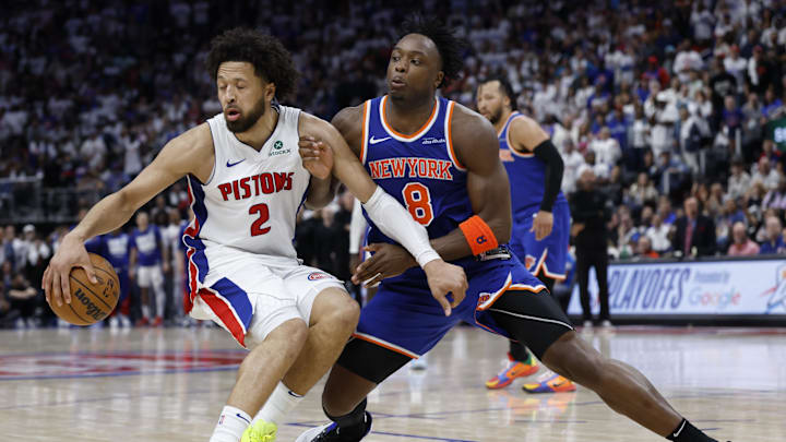 Apr 24, 2025; Detroit, Michigan, USA; Detroit Pistons guard Cade Cunningham (2) is defended by New York Knicks forward OG Anunoby (8) in the second half during game three of first round for the 2024 NBA Playoffs at Little Caesars Arena. Mandatory Credit: Rick Osentoski-Imagn Images Apr 24, 2025; Detroit, Michigan, USA; Detroit Pistons guard Cade Cunningham (2) is defended by New York Knicks forward OG Anunoby (8) in the second half during game three of first round for the 2024 NBA Playoffs at Little Caesars Arena. Mandatory Credit: Rick Osentoski-Imagn Images