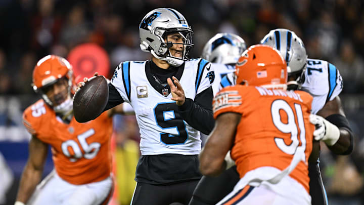 Carolina Panthers quarterback Bryce Young (9) passes in the second half against the Chicago Bears 