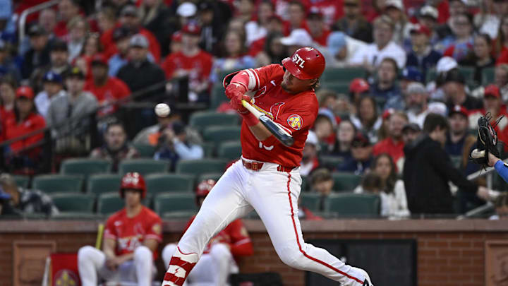 May 1, 2026; St. Louis, Missouri, USA; St. Louis Cardinals third baseman Nolan Gorman (16) hits a solo home run against the Los Angeles Dodgers in the first inning at Busch Stadium. Mandatory Credit: Joe Puetz-Imagn Images