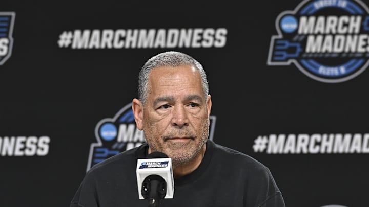 Mar 25, 2026; Houston, TX, USA; Houston Cougars head coach Kelvin Sampson speaks during a practice session press conference ahead of the south regional of the men's 2026 NCAA Tournament at Toyota Center. Mandatory Credit: Maria Lysaker-Imagn Images