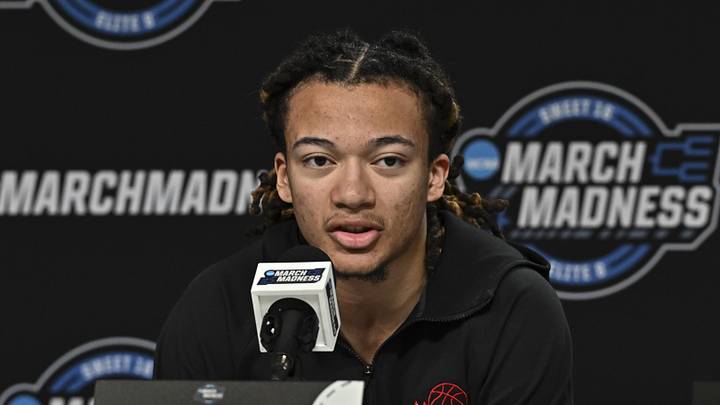 Mar 25, 2026; Houston, TX, USA; Houston Cougars guard Kingston Flemings speaks during a practice session press conference ahead of the south regional of the men's 2026 NCAA Tournament at Toyota Center. Mandatory Credit: Maria Lysaker-Imagn Images Mar 25, 2026; Houston, TX, USA; Houston Cougars guard Kingston Flemings speaks during a practice session press conference ahead of the south regional of the men's 2026 NCAA Tournament at Toyota Center. Mandatory Credit: Maria Lysaker-Imagn Images