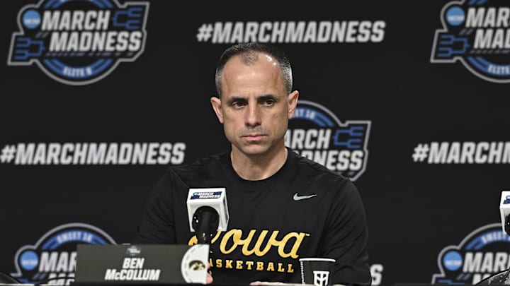 Mar 25, 2026; Houston, TX, USA; Iowa Hawkeyes head coach Ben McCollum speaks during a practice session press conference ahead of the south regional of the men's 2026 NCAA Tournament at Toyota Center. Mandatory Credit: Maria Lysaker-Imagn Images