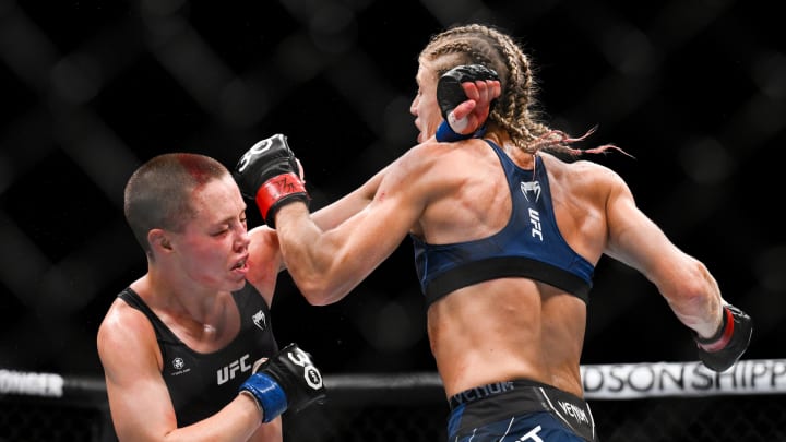 Sep 2, 2023; Paris, France; Manon Fiorot (red gloves) fights Rose Namajunas (blue gloves) during UFC Fight Night at Accor Arena. Mandatory Credit: Per Haljestam-USA TODAY Sports