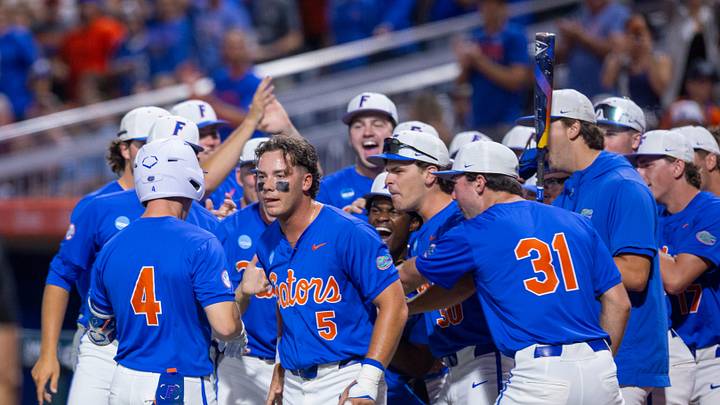 Florida's Cade Kurland (4) with a three run homer in the bottom of the first against Miami in NCAA Gainesville Regionals at Condron Family Ballpark in Gainesville, Florida, Saturday, May 30, 2026. The Gators beat the Hurricanes 22-10. [Cyndi Chambers/ Gainesville Sun] 2026