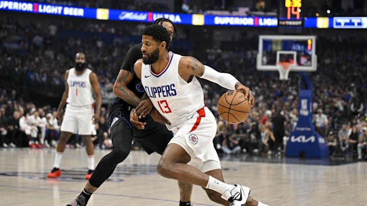 May 3, 2024; Dallas, Texas, USA; Los Angeles Clippers forward Paul George (13) drives to the basket against the Dallas Mavericks during the first quarter during Game 6 of the first round of the 2024 NBA playoffs at American Airlines Center.