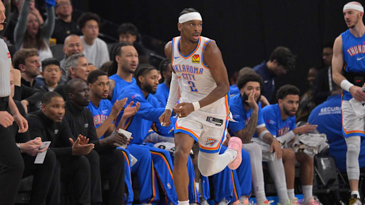 Apr 8, 2026; Inglewood, California, USA;  Oklahoma City Thunder guard Shai Gilgeous-Alexander (2) heads down the sideline after a three-point basket in the first half against the Los Angeles Clippers in the first half at Intuit Dome. Mandatory Credit: Jayne Kamin-Oncea-Imagn Images