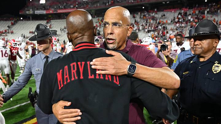 Sep 19, 2026; College Park, Maryland, USA; Virginia Tech Hokies head coach James Franklin hugs Maryland Terrapins head coach Michael Locksley after their game at SECU Stadium. Mandatory Credit: Jamie Sabau-Imagn Images Sep 19, 2026; College Park, Maryland, USA; Virginia Tech Hokies head coach James Franklin hugs Maryland Terrapins head coach Michael Locksley after their game at SECU Stadium. Mandatory Credit: Jamie Sabau-Imagn Images
