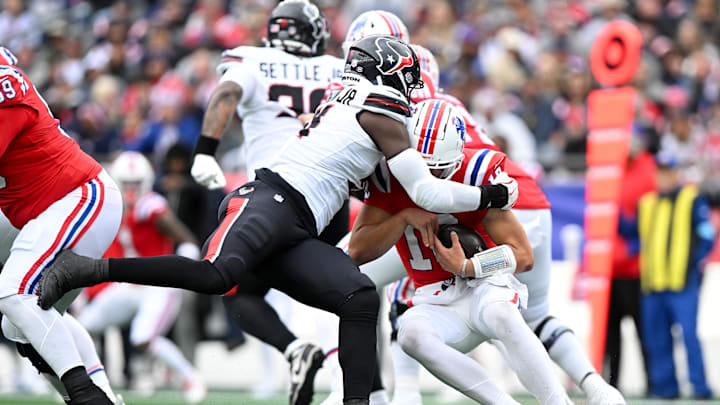 Oct 13, 2024; Foxborough, Massachusetts, USA; Houston Texans defensive end Will Anderson Jr. (51) sacks New England Patriots quarterback Drake Maye (10) during the first half at Gillette Stadium. Mandatory Credit: Brian Fluharty-Imagn Images